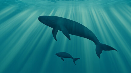 Fototapeta premium Deep Dive: Mother and Calf Whale Silhouette