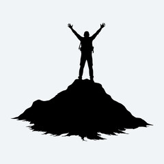 A minimalist illustration of a mountain climber standing triumphantly on top of a rocky peak
