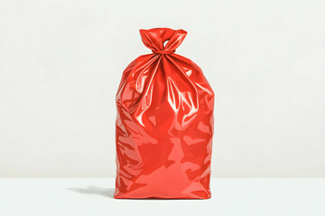 Bright Red Plastic Bag Tied at the Top Sitting on a Light Surface with Minimalist Background for Modern Designs