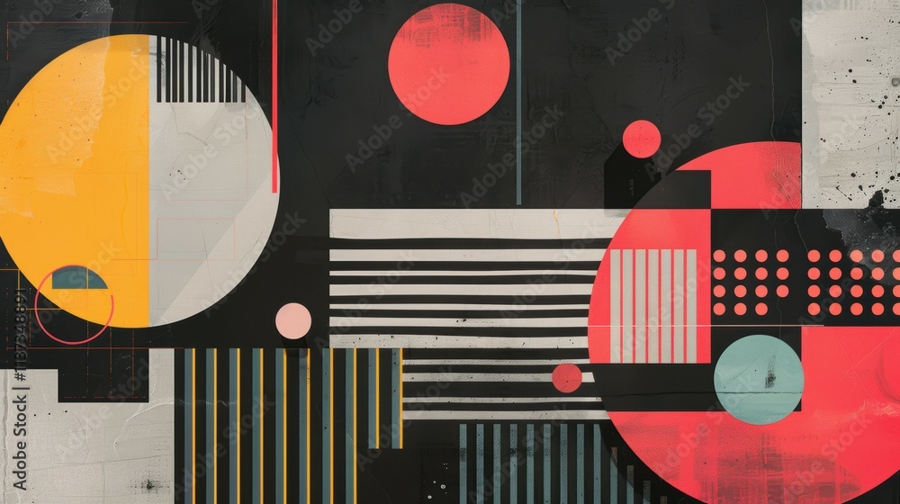 Poster abstract geometric design with vibrant colors and varied patterns.