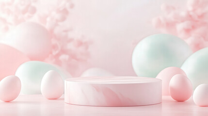 serene display featuring two round podium pedestals surrounded by pastel Easter decorations, including colorful eggs and soft floral elements, creating festive atmosphere