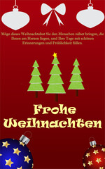 A minimalist German Christmas card featuring stylized Christmas trees, golden stars, festive ornaments, and a holiday message 