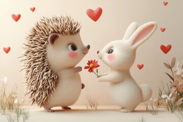 Cute hedgehog and bunny exchanging flowers