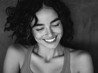 Naklejka premium Monochrome fitness transformation, close-up of smiling person post-workout, minimalist, contrast in energy levels, high-contrast black and white, retro fitness wear 