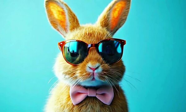 Cool rabbit wearing sunglasses, stylish bunny with a bow tie, cute animal footage, vibrant turquoise background, fashion rabbit, trendy pet, fun-loving bunny, Funny easter animal pet.