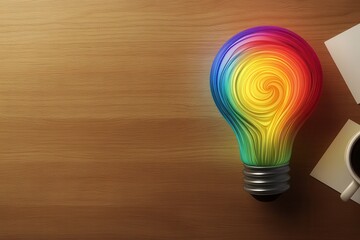 A colorful light bulb design on a wooden surface, symbolizing creativity and ideas.
