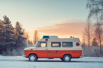 Classic winter rescue scene, an ambulance with flashing lights assisting a stranded vehicle during a snowstorm, dramatic and immersive composition