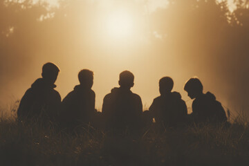 A group of five people are sitting in a field, silhouetted against the sun
