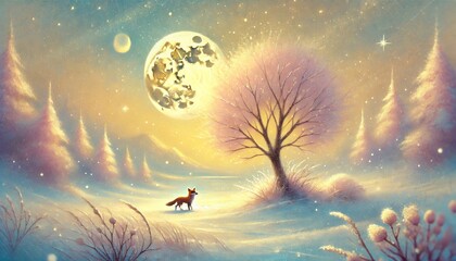 Naklejka premium A Whimsical Winter's End with a Fox Beneath the Golden Moon