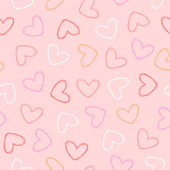 Colorful hand drawn hearts seamless pattern on pink background. Vector illustration hearts seamless pattern for background, wallpaper, wrapping and textile.