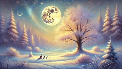 A Golden Full Moon Shines Over a Snowy Winter Forest as Woodland Animals Gather Under a Frosted Tree in a Starry, Dreamlike Landscape