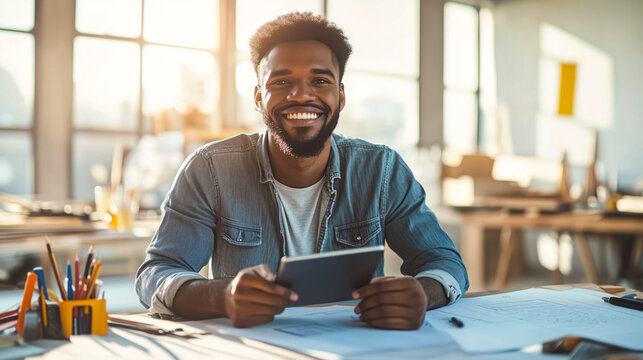 Close-up of a confident architect smiling while working on a digital tablet at a construction site