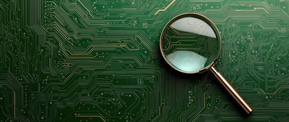 Exploring technology magnifying glass on green computer chip