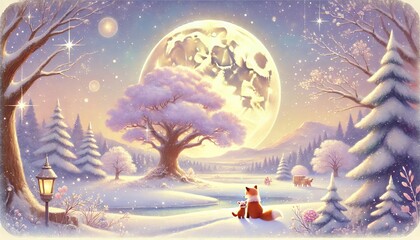 A Heartwarming Pastel-Colored Painting of a Winter's End Night with a Fox Family Gazing at a Majestic Tree Under a Golden Moonlight