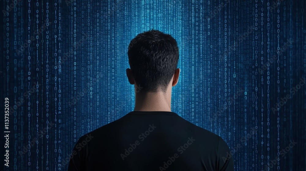 Aufkleber man silhouette against blue binary code background digital realm