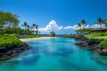 Beautiful tropical lagoon with crystal-clear turquoise water, lush greenery, palm trees, and blue skies, perfect for serene vacations, island escapes, and summer relaxation