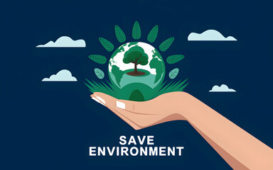 Protecting Our Planet: A hand gently cradles the Earth, symbolized by a vibrant green globe with a flourishing tree, emphasizing environmental conservation and the urgent need for sustainability.