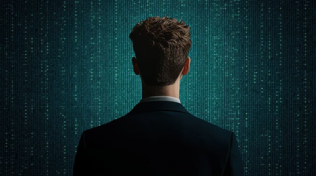 Digital transformation man silhouette against binary code background