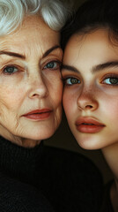 Close-up portrait of a senior woman and a young woman, both with flawless skin