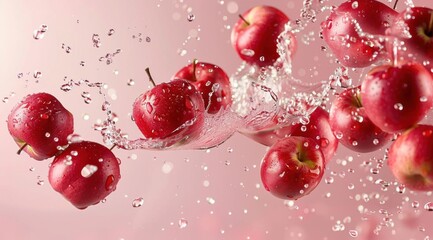 Fresh red apples splashing in water against a pink background.