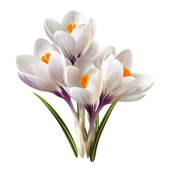 Fototapeta premium Crocus flowers with delicate transparent petals and vibrant orange stamens isolated against a transparent background showcasing early spring beauty, crocus flowers isolated transparent background