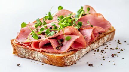 Gourmet open-faced sandwich, thinly sliced premium ham, vibrant micro herbs, textured crusty bread, professional food composition, seamless white background, side angle view