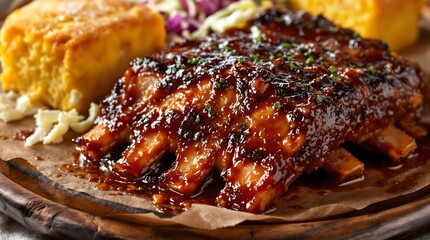 A photorealistic closeup of sticky, glazed BBQ ribs served with coleslaw and cornbread on a rustic wooden plate.