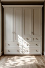 White built-in wardrobe with four doors and four drawers in a sunlit room.