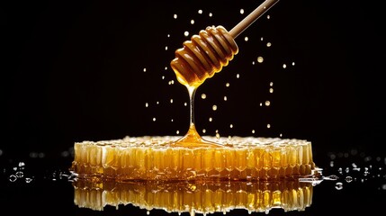 Raw honey drizzling from traditional wooden dipper, geometric honeycomb sections, viscous honey pool, high-resolution product photography, bright studio lighting, isolated composition