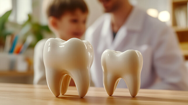 Healthy tooth model on a wooden desk, dentist in a white coat teaching a young boy brushing techniques in the blurred background