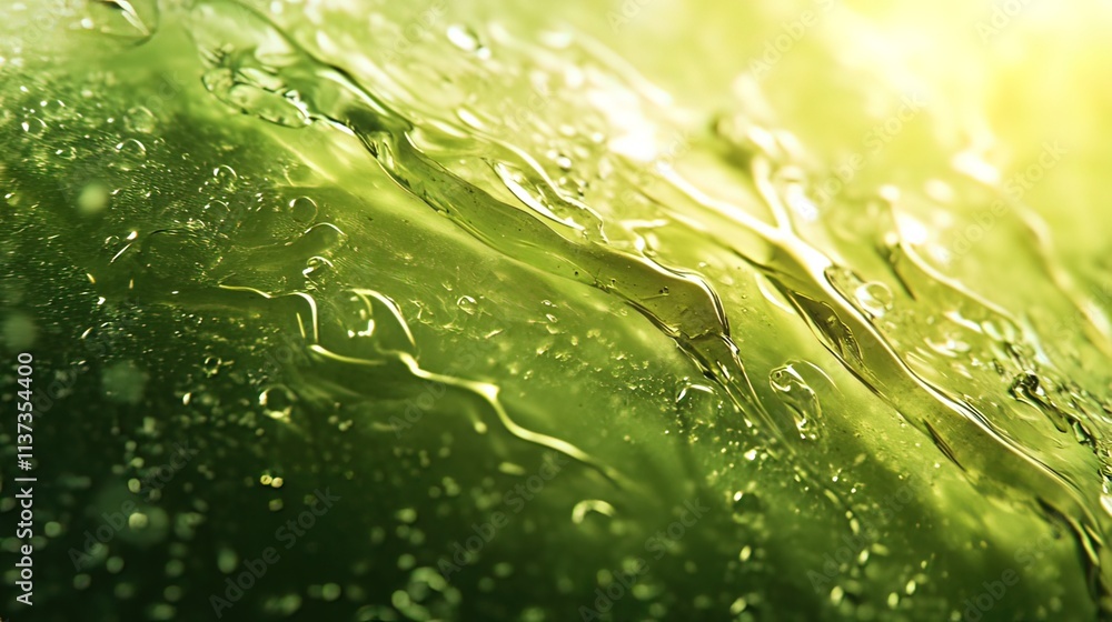 Poster close-up of water droplets on a green surface, reflecting light and creating abstract patterns.