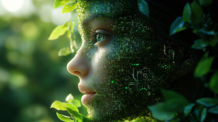 The green leaves overlap with the woman's face