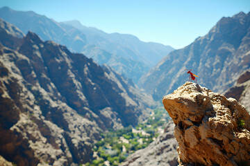 Fototapeta premium Adventurous Hiker Standing on Rocky Outcrop Overlooking Vast Mountain Valley Surrounded by Scenic Nature Landscape
