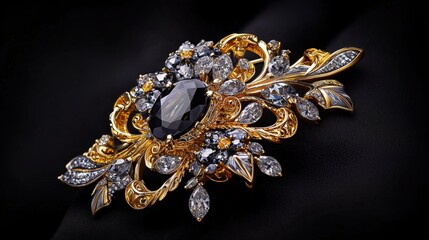 Naklejka premium A spinel-encrusted brooch with intricate gold details, glowing softly on black.