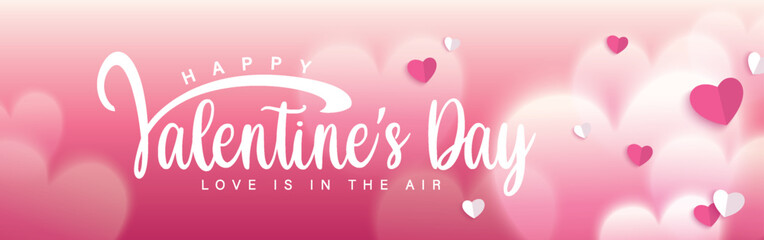 Fototapeta premium Happy Valentines Day typography with handwritten calligraphy text, isolated on pink background. Romantic Template design for celebrating valentine's Day on 14 February. Vector Illustration