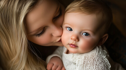 Warm embrace of a mother kissing her baby’s cheek, holding them tenderly at home