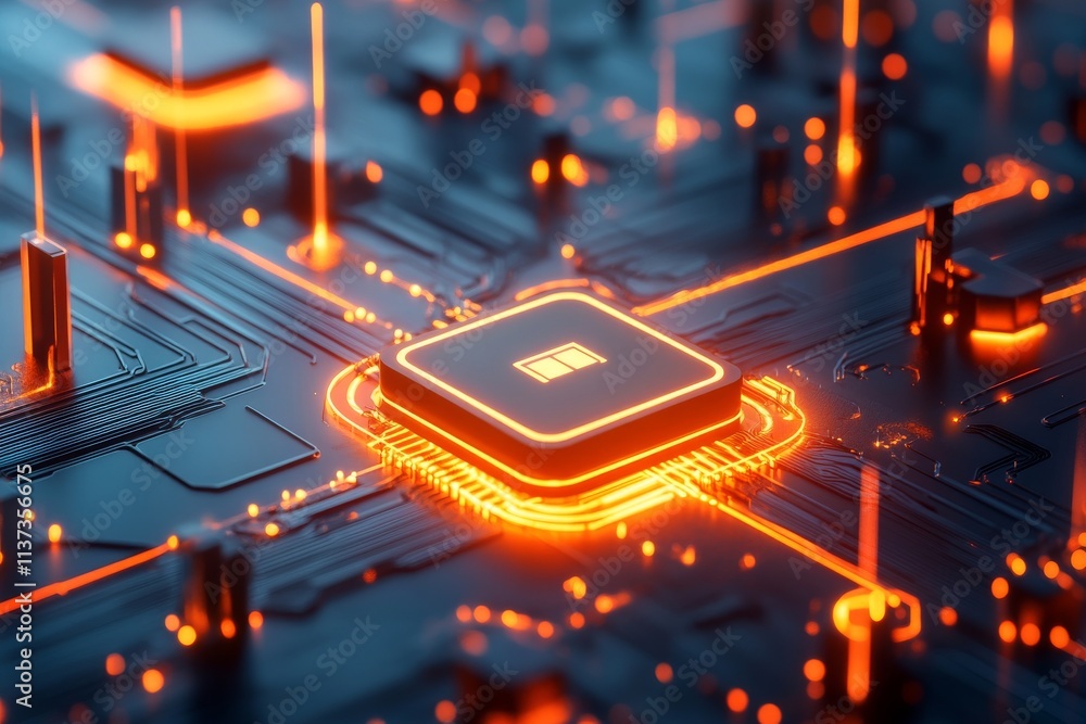 Poster futuristic circuit board with glowing processor details. supervise and firewall concept.
