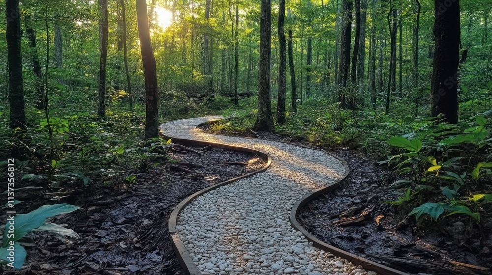 Poster a winding path through a serene forest, inviting exploration and connection with nature.