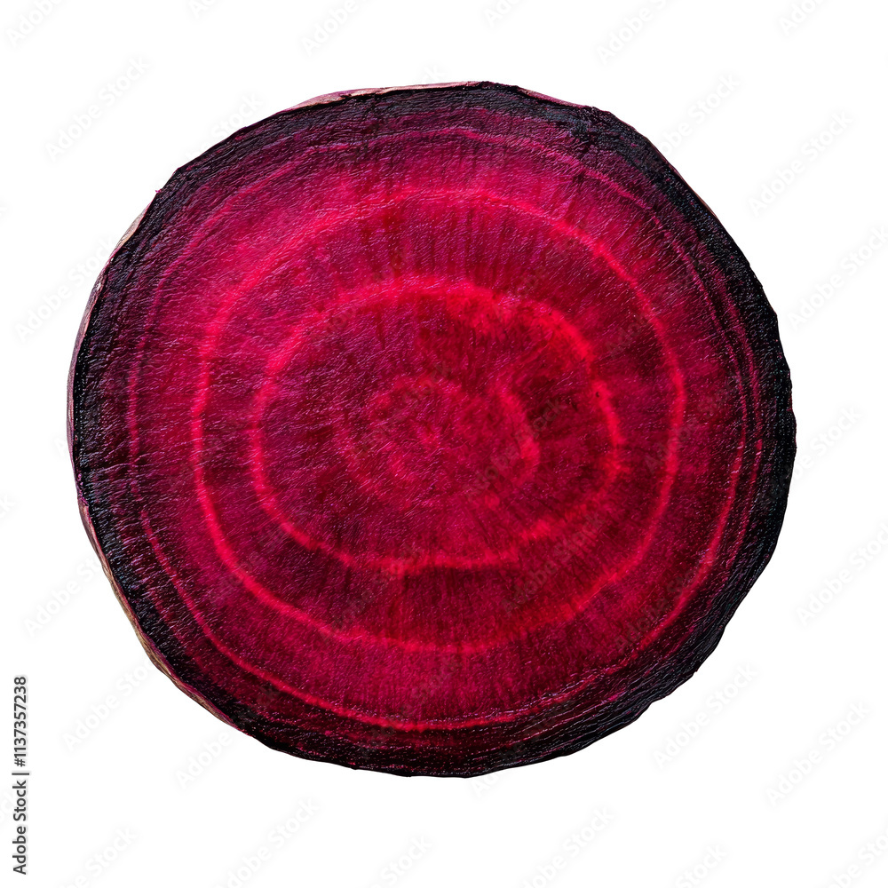 Poster close-up of a fresh slice of beetroot isolated on a transparent background showcasing its vibrant co