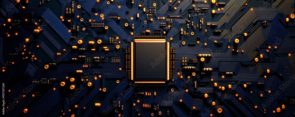 Poster microchip on a circuit board with glowing connections.