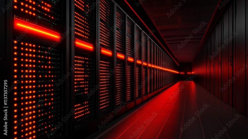 Poster high-tech server room with red lighting and data racks. supervise and firewall concept.