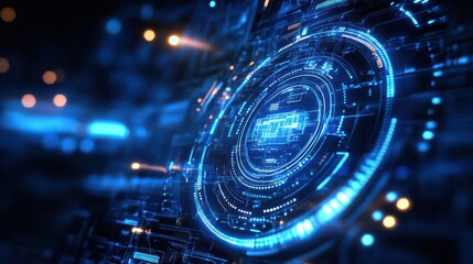 Abstract Digital Interface with Glowing Blue Lines and Circles