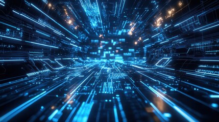 Obraz premium Abstract Digital Tunnel with Glowing Blue Lines and Circuitry