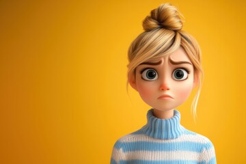 Cartoon girl with sad expression on yellow background