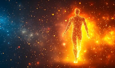 Obraz premium Glowing human figure in space, particle effect.