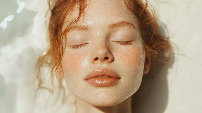 Ethereal skincare photography, dewy complexion, serene closed eyes pose, bare shoulders composition, pearl white background, professional beauty lighting, editorial style