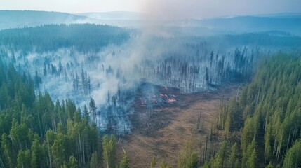 Fototapeta premium Aerial view of a forest fire with smoke rising amidst burnt trees and dense forest.