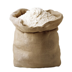 Wheat flour in burlap sack bag isolated on white background