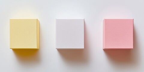 Three pastel-colored gift boxes on white background