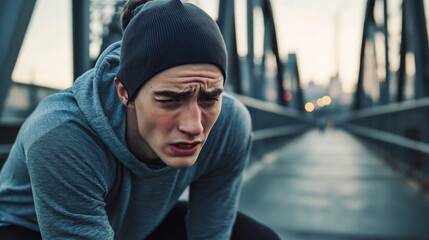 Young fitness enthusiast grimacing in discomfort, sporty outfit, outdoor workout setting, industrial bridge location, morning workout scene, casual athletic wear, minimalist composition, documentary